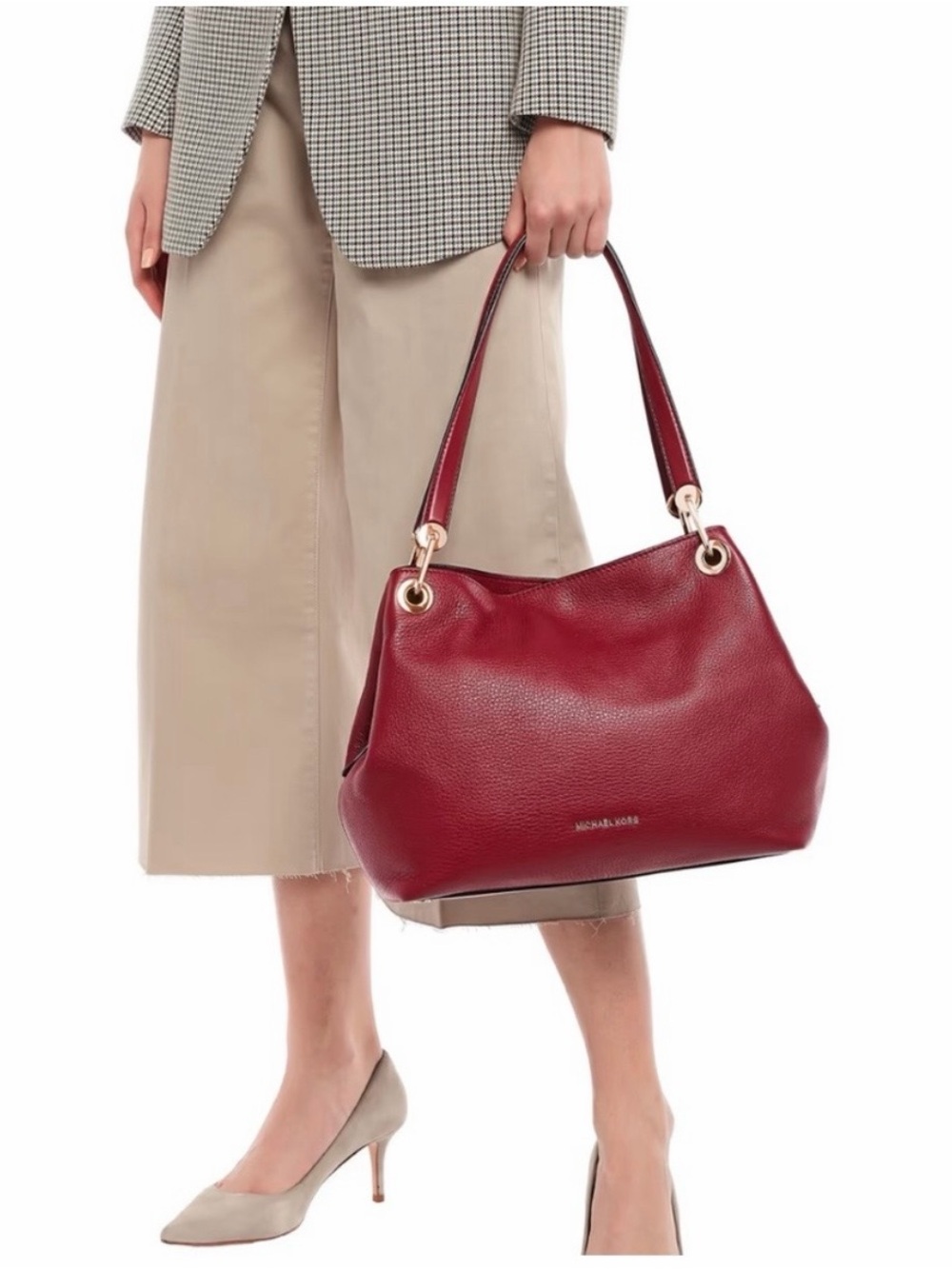 Michael Kors Jet Set Travel Chain Large Red Pebbled Leather Shoulder Bag